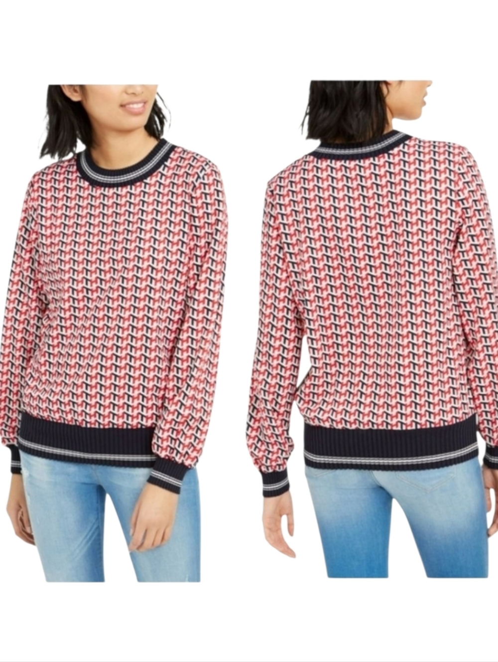 Tommy Hilfiger Top Blouse Navy/Red Logo Crew Neck Small